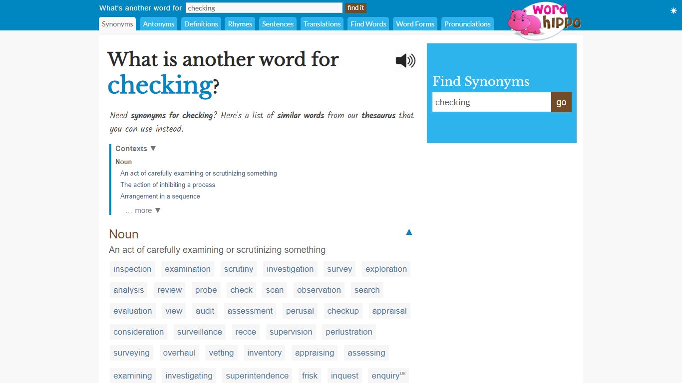 What is another word for checking - WordHippo